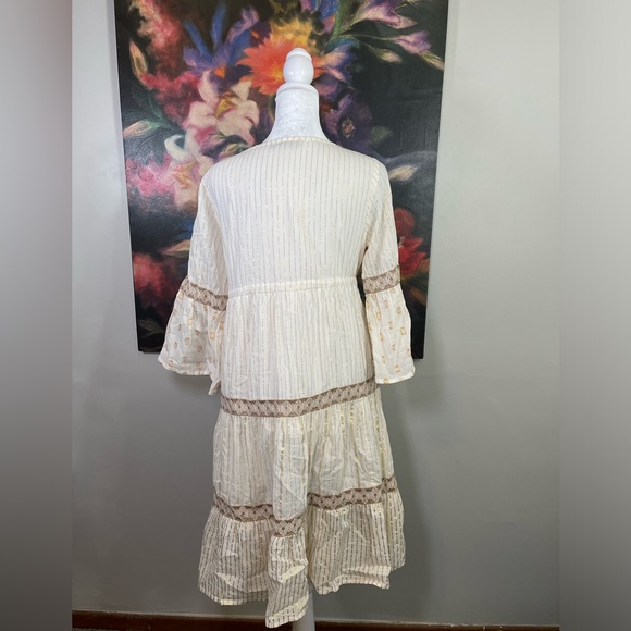 Dress Naoo Cream Boho Gold Stitch Embroidered Cotton Dress Made in India S - Picture 6 of 10